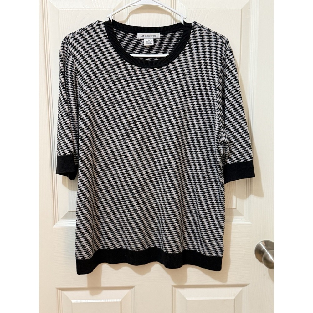 Liz Claiborne Sweater Women's‎ Black/White Pullover Short Sleeve Houndstooth XL